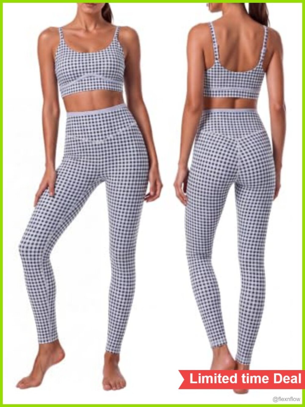 Gingham Workout Set 2 Piece Sports Bra High Waist Leggings Yoga Gym